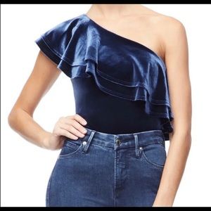 GOOD AMERICAN Ruffle One-Shoulder Velvet Blue Bodysuit Size 0
